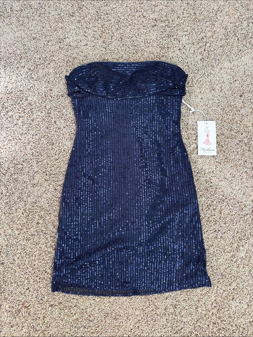 Navy Blue Sequin Strapless Mini Dress with Back Sash Tie - Picture 3 of 7